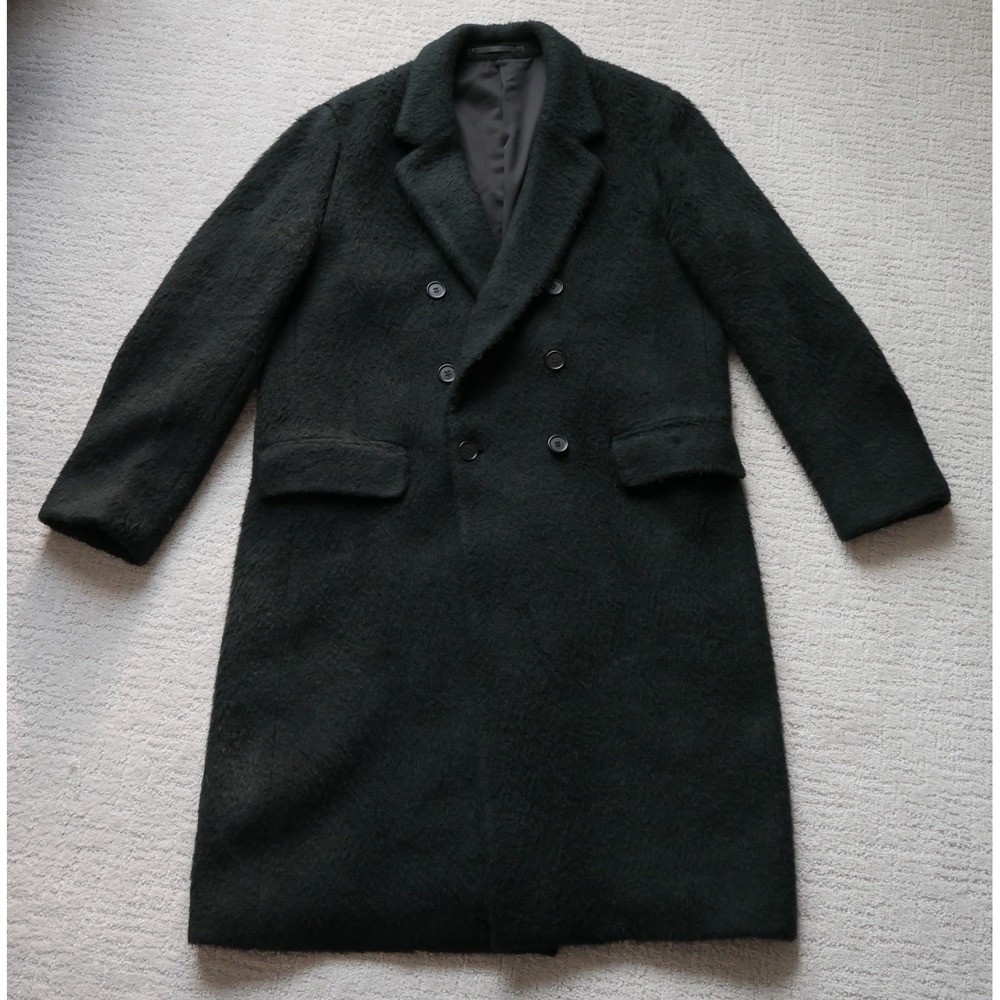 AllSaints Campo Long Coat Mens 42 Black Wool Blend Double Breasted Overcoat